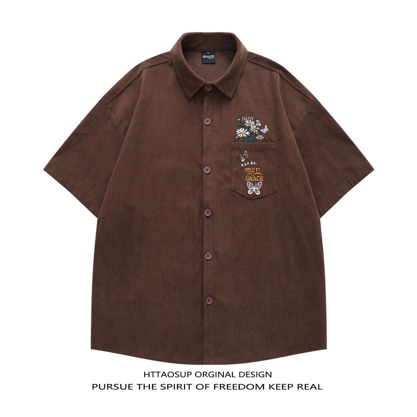Corduroy Button Up Shirt Men - HTTAOSUP 2026 เสื้อเชิ้ตผ้าคอร์ดูรอยแขนสั้นสำหรับผู้ชาย ปักลาย สไตล์ลำลอง ดีไซน์แขนสั้น