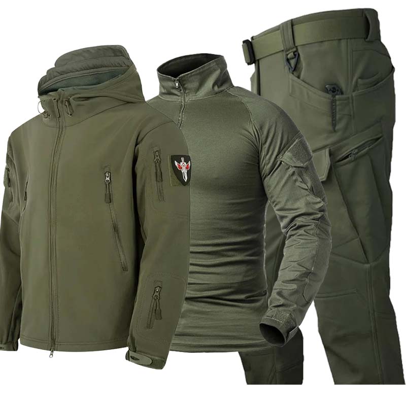 Tactical Military Shirt Cargo - ชุดแทคติคอลลายพรางสำหรับผู้ชาย 3 ชิ้น เสื้อแจ็คเก็ตมีฮู้ดซิป กางเกงทหารกลางแจ้ง เสื้อเชิ้ต