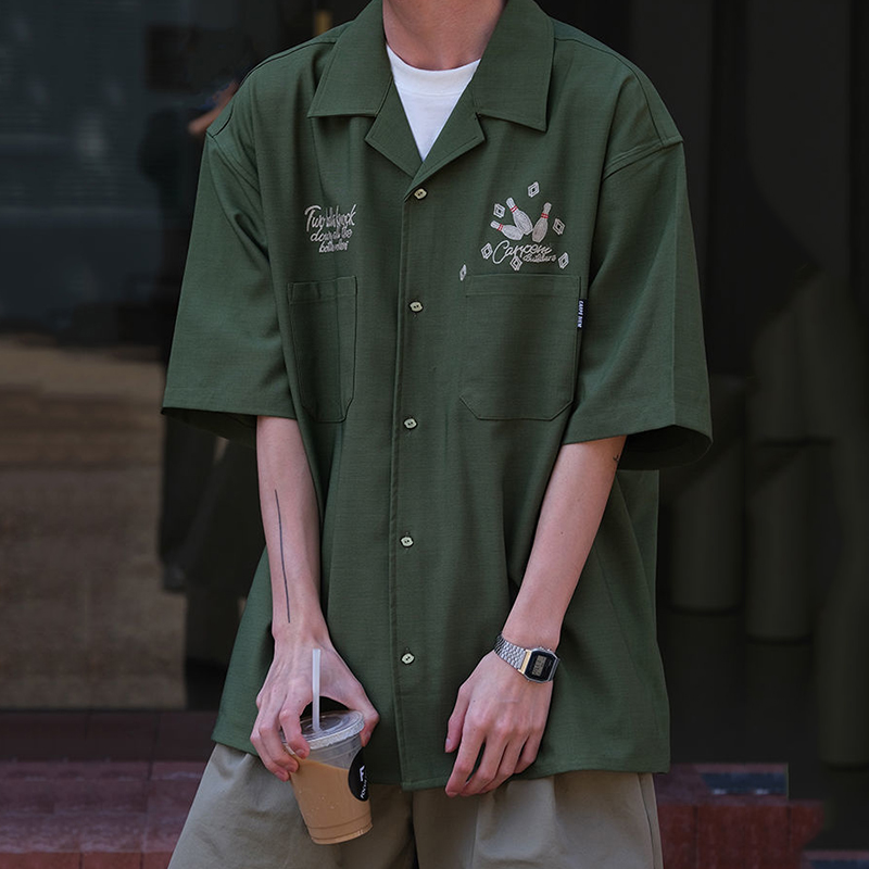 Short Sleeve Bowling Shirt Retro - เสื้อเชิ้ตแขนสั้นสำหรับผู้หญิง, เสื้อปักลายโบว์ลิ่งปกคิวบาสีเขียวเสื้อฮิปฮอปเสื้อแจ็คเก็ตลำลองสำหรับฤดูร้อน