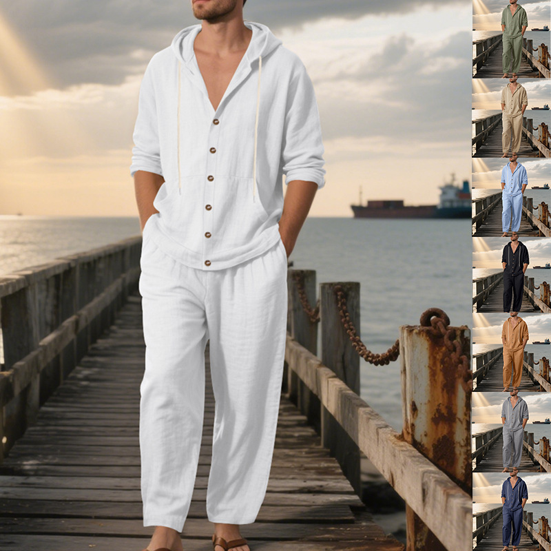 Mens Linen Shirt Long Sleeve - ชุดลำลองฤดูร้อนสำหรับผู้ชาย เสื้อเชิ้ตแขนยาวมีฮู้ดผ้าลินินสไตล์อเมริกันทรงหลวม และกางเกงขายาว ชุด 2 ชิ้น