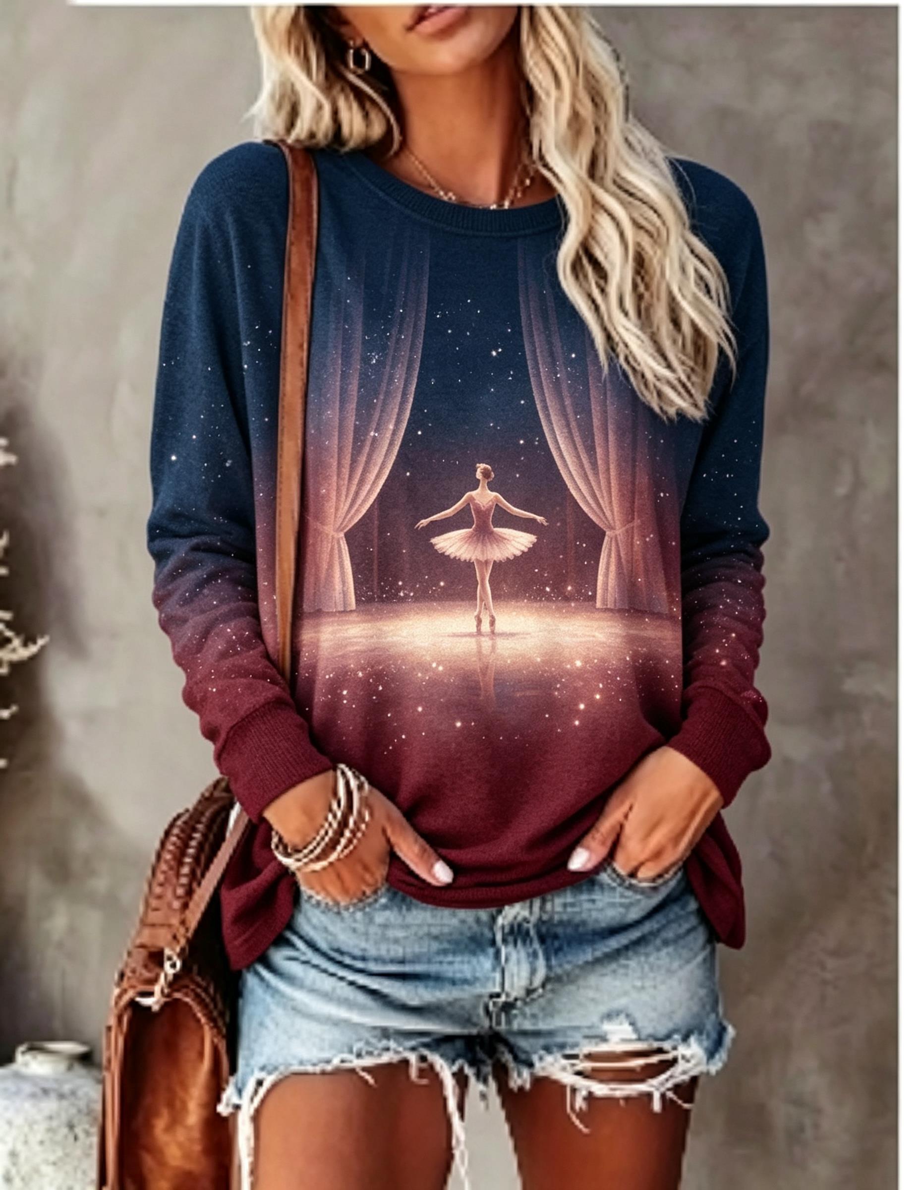 T-Shirts - เสื้อยืดแขนยาวผู้หญิง ลายพิมพ์นักบัลเลต์ ฉากม่าน ดวงดาว แสงระยิบระยับ คอวี