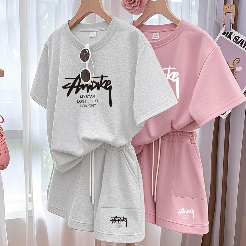 Shorts - ชุดเซ็ตพลัสไซส์สำหรับผู้หญิง ชุดสองชิ้นเสื้อแขนสั้นและกางเกงขาสั้น ชุดลำลองหลวมๆสำหรับเด็ก ชุดเสื้อยืดและกางเกงขาสั้นสำหรับผู้หญิง