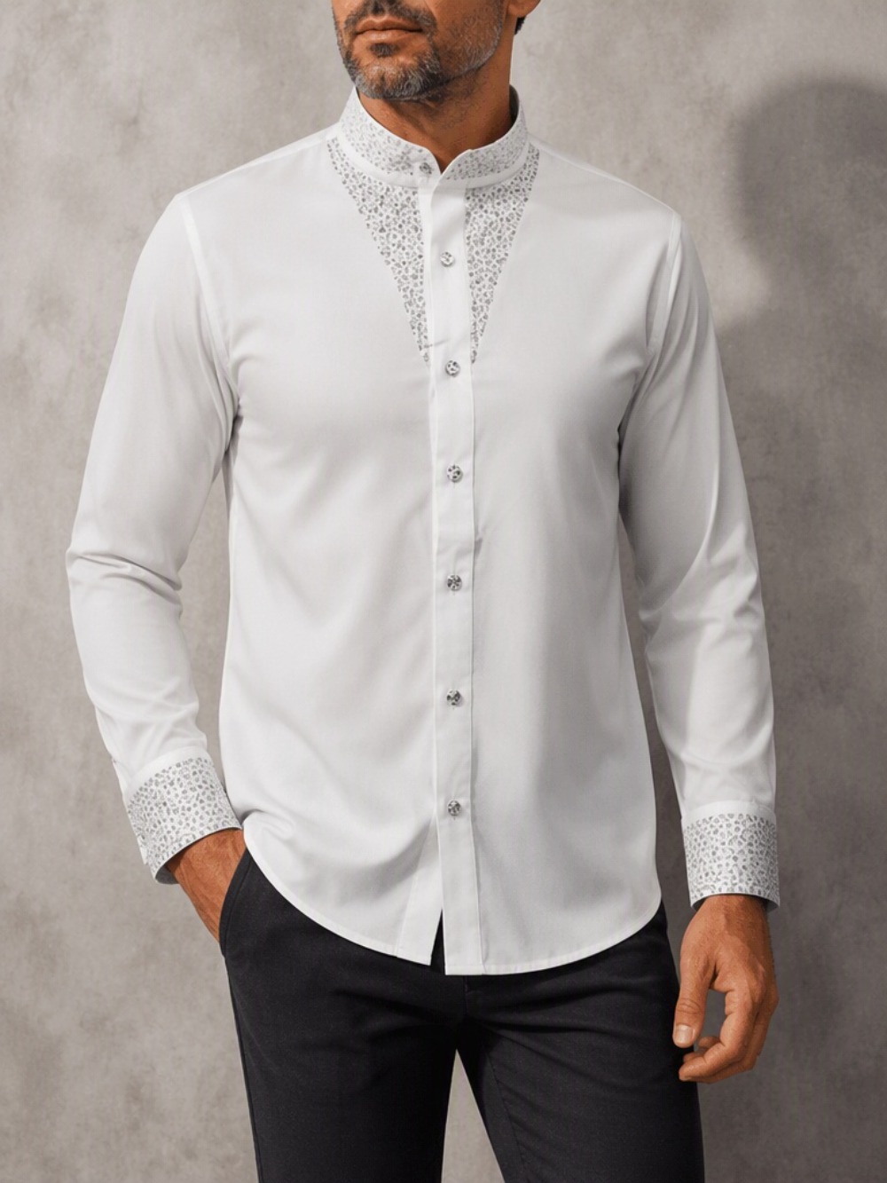 เสื้อเชิ้ตผู้ชายสไตล์ลำลองสำหร - Mandarin Collar Formal Shirt Slim Fit บทวิจารณ์และราคา