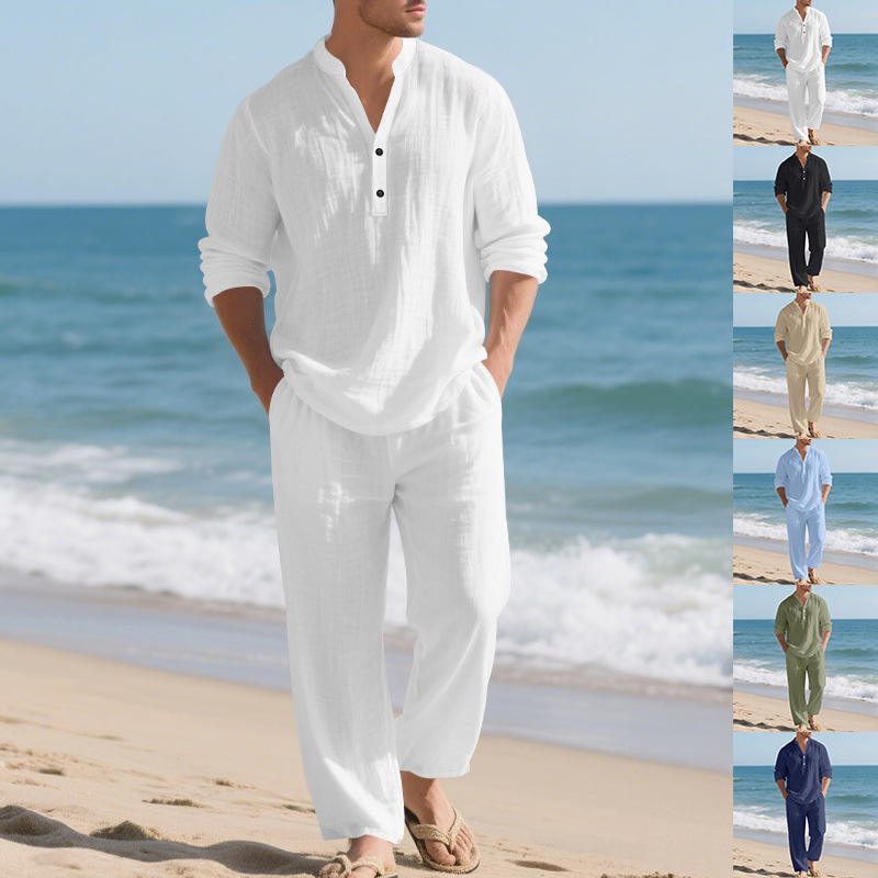 ชุดสูทผู้ชายผ้าลินินสไตล์ชายหา - Mens Linen Shirt Long Sleeve บทวิจารณ์และราคา
