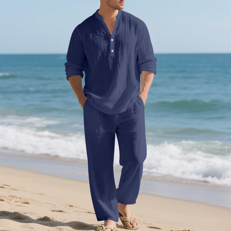 ชุดสูทผู้ชายผ้าลินินสไตล์ชายหา - Mens Linen Shirt Long Sleeve บทวิจารณ์และราคา