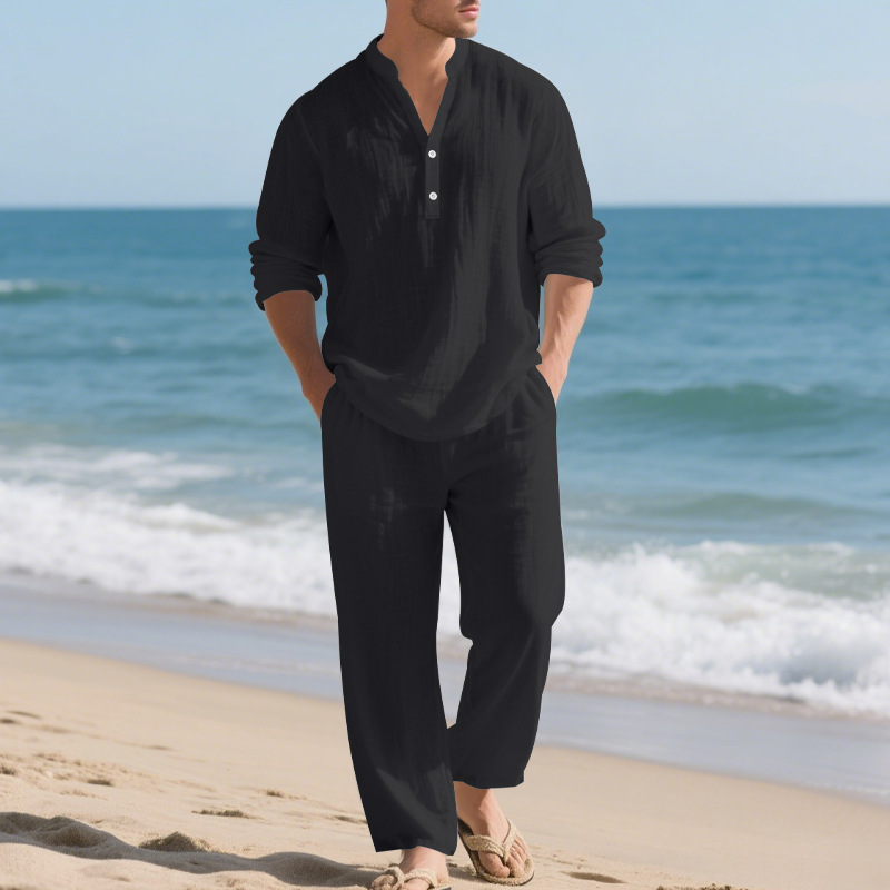 ชุดสูทผู้ชายผ้าลินินสไตล์ชายหา - Mens Linen Shirt Long Sleeve บทวิจารณ์และราคา