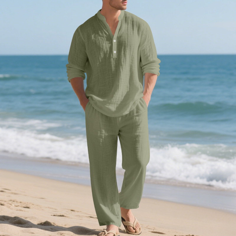 ชุดสูทผู้ชายผ้าลินินสไตล์ชายหา - Mens Linen Shirt Long Sleeve บทวิจารณ์และราคา
