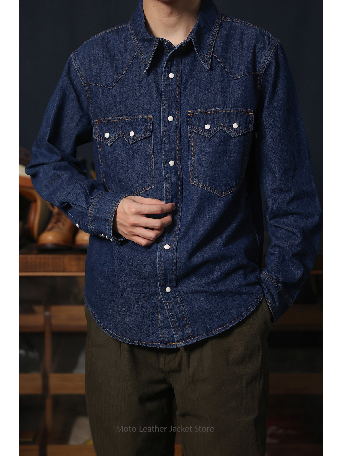 เสื้อเชิ้ตเดนิมสไตล์ตะวันตกแบบ - Mens Western Denim Pearl Snap Shirt บทวิจารณ์และราคา